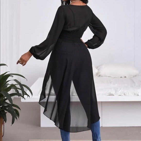 Sexy Plunging Neck Lantern Sleeve High Low Hem Top - Picture 4 of 7